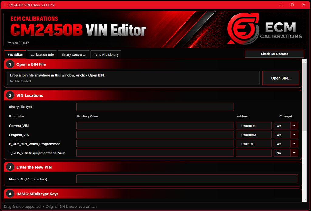 CM2450B VIN Editor application interface